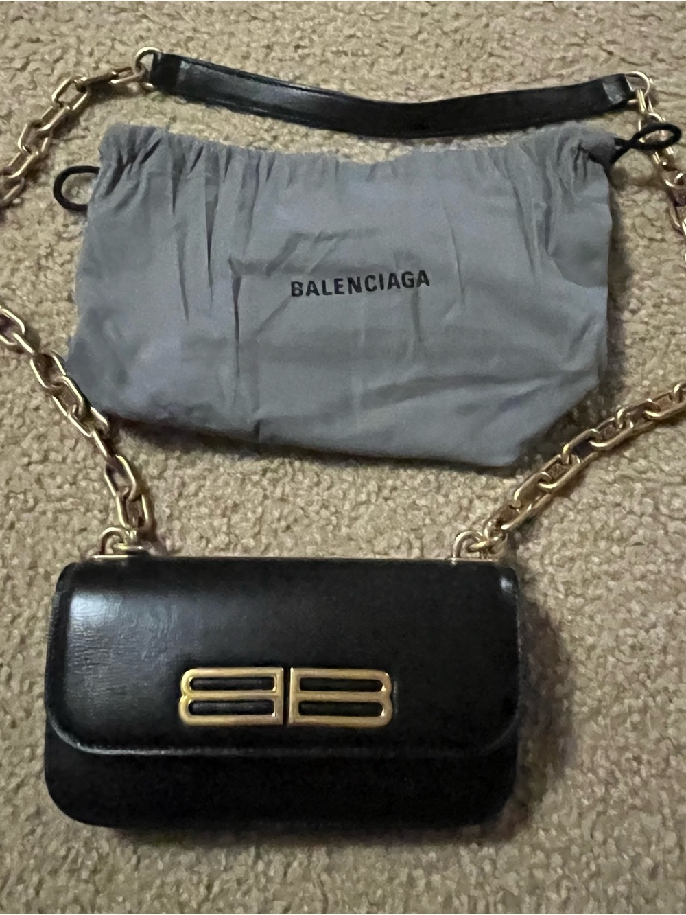 Balenciaga Black Leather Crossbody with Gold Chain and Logo